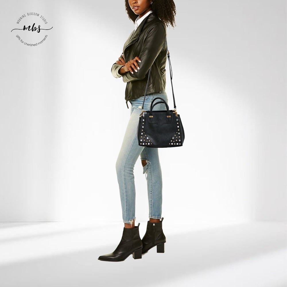 Rebecca Minkoff Amorous Saffiano Leather Studded Rhinestone Crossbody Bag Black